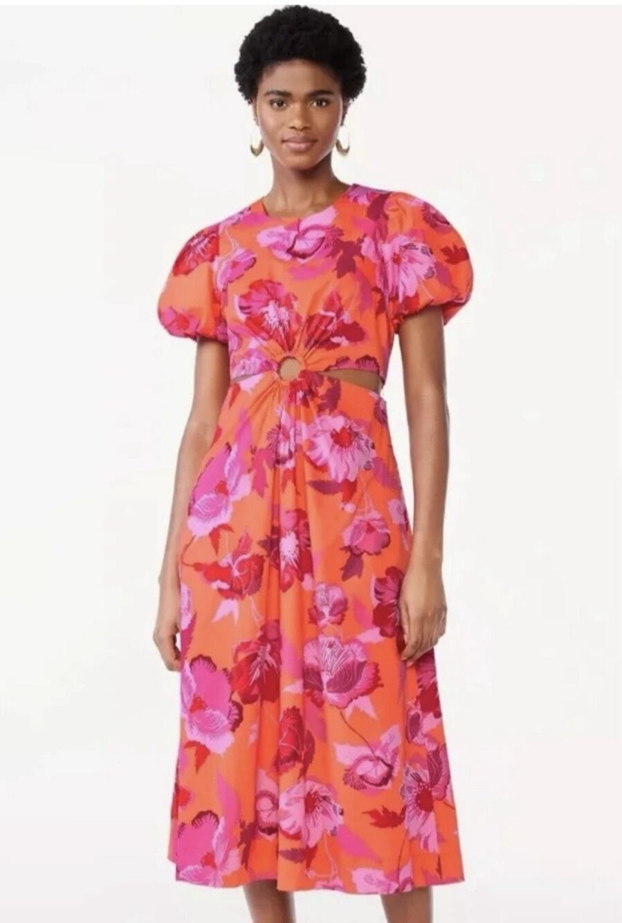 Scoop Orange Pink Floral Puff Sleeve Cut Out Midi Dress M (8-10) Cotton